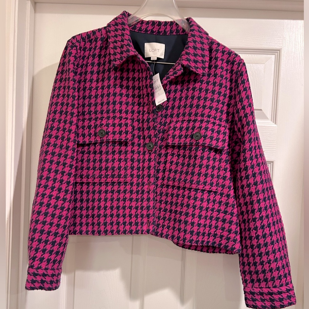 NWT LOFT Navy &  Deep Pink Houndstooth Cropped Blazer